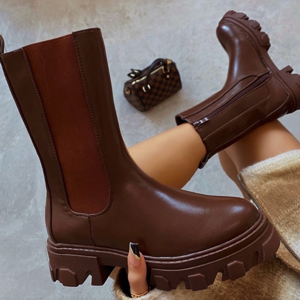 EGO STEELE CHUNKY SOLE ANKLE BIKER BOOT IN BROWN FAUX LEATHER